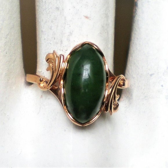 Vintage Russian Russia 14K 583 Rose Pink Gold Green Nephrite Jade Bypass Ring - Picture 7 of 9
